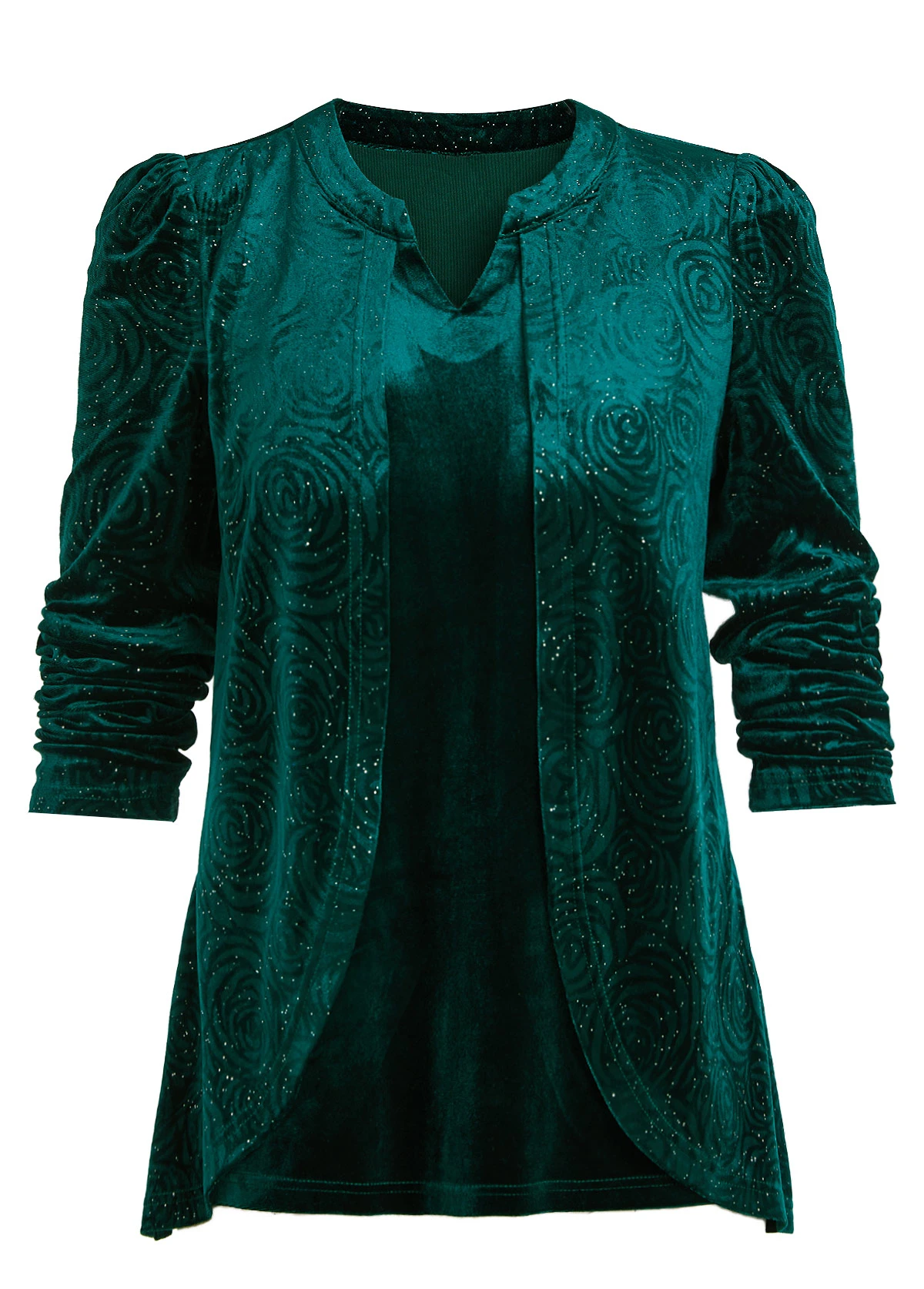 Blackish Green Velvet Long Sleeve Split Neck Blouse 9 Blackish Green Velvet Long Sleeve Split Neck Blouse - Image 7