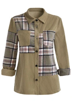 Olive Green Patchwork Plaid Long Sleeve Shirt Collar Blouse 16 Olive Green Patchwork Plaid Long Sleeve Shirt Collar Blouse -UrbanLayer Store 1698891880722797209