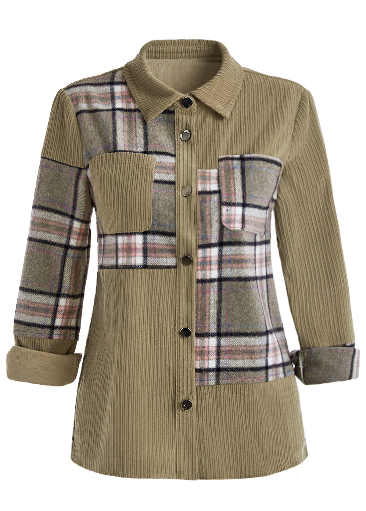 Olive Green Patchwork Plaid Long Sleeve Shirt Collar Blouse 9 Olive Green Patchwork Plaid Long Sleeve Shirt Collar Blouse - Image 7