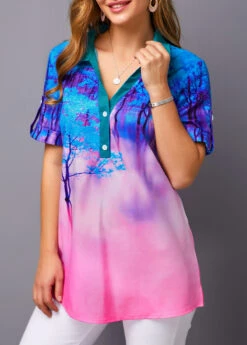 Roll Tab Sleeve Printed Color Block Blouse -UrbanLayer Store 226729 P 15748472190782