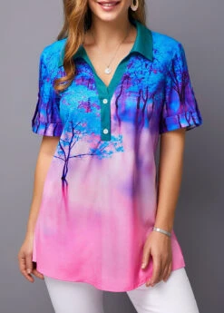 Roll Tab Sleeve Printed Color Block Blouse -UrbanLayer Store 226729 P 15748472196793