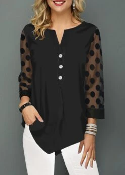 Asymmetric Hem Lace Panel Button Detail Blouse