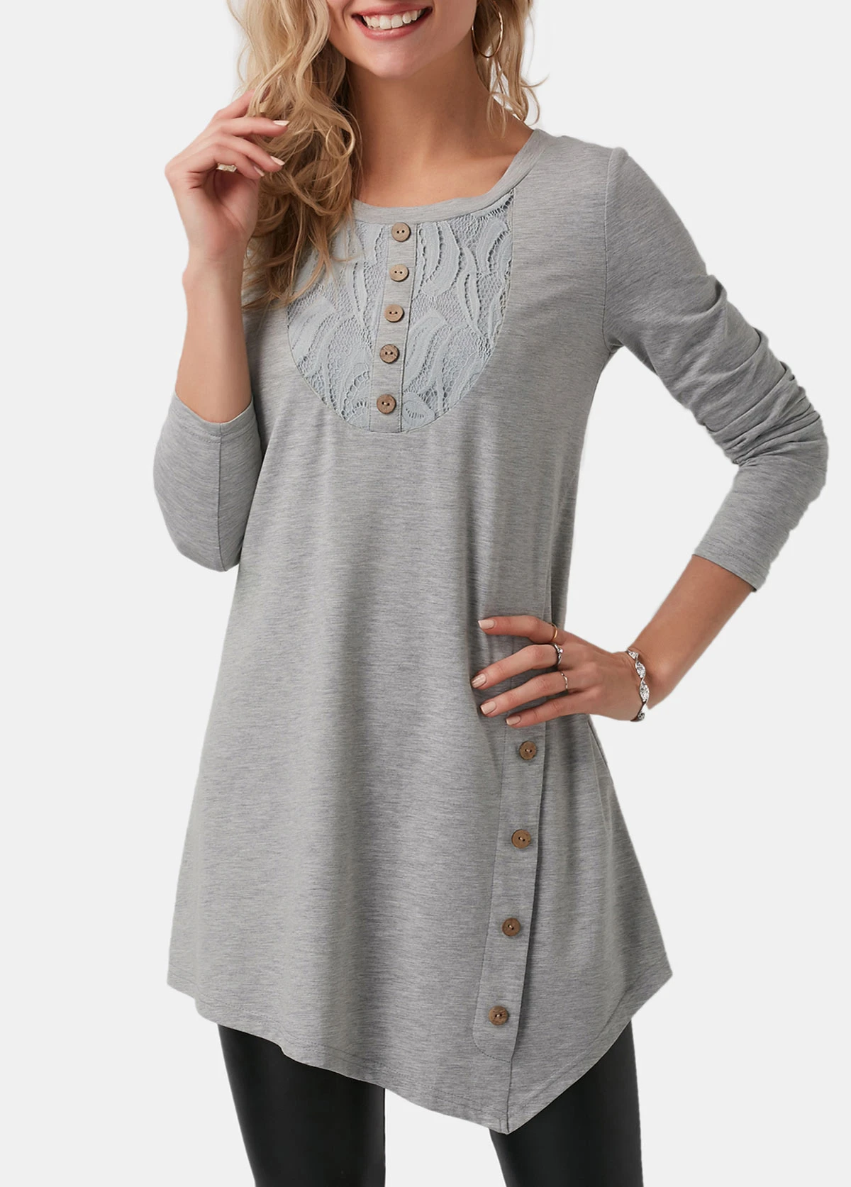 Asymmetric Hem Button Detail Light Grey T Shirt 6 Asymmetric Hem Button Detail Light Grey T Shirt - Image 4