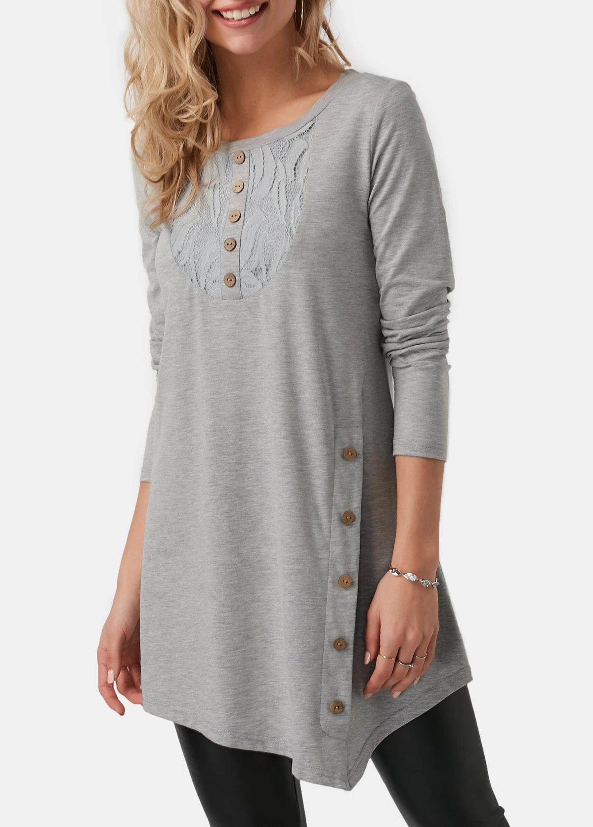 Asymmetric Hem Button Detail Light Grey T Shirt 4 Asymmetric Hem Button Detail Light Grey T Shirt - Image 2