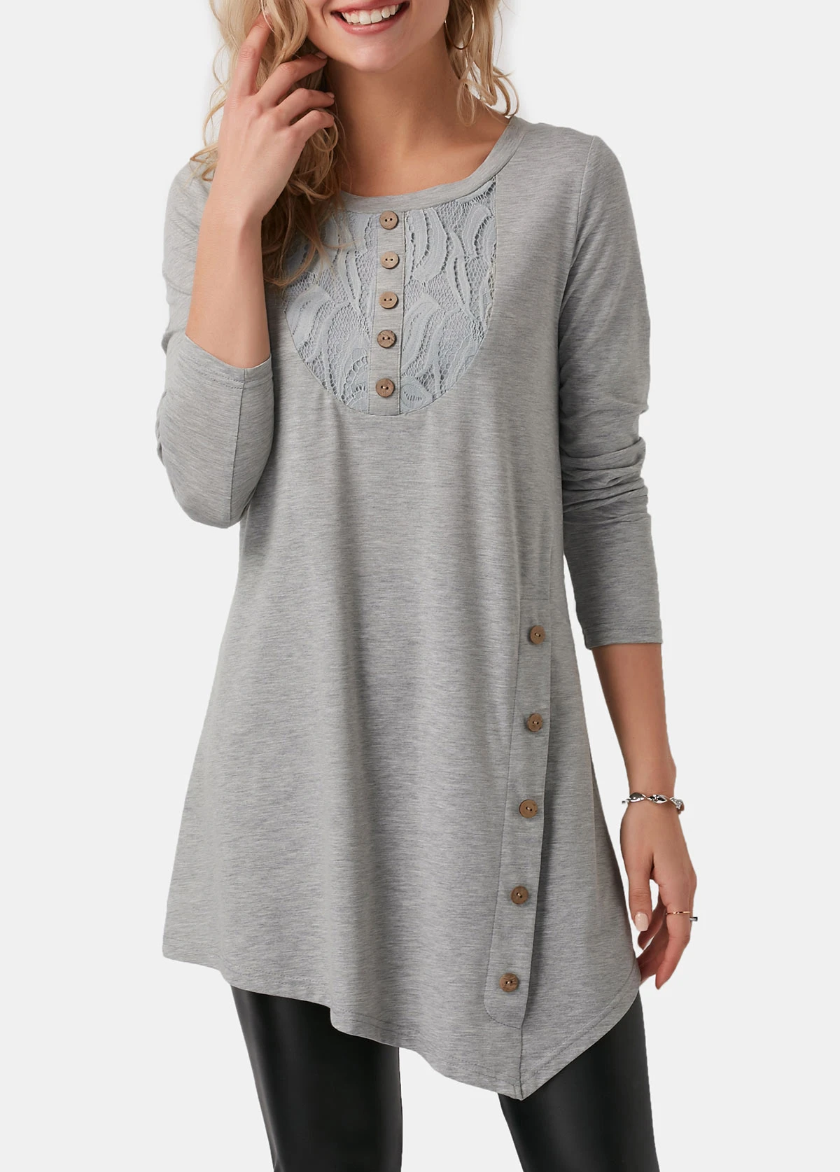 Asymmetric Hem Button Detail Light Grey T Shirt 3 Asymmetric Hem Button Detail Light Grey T Shirt