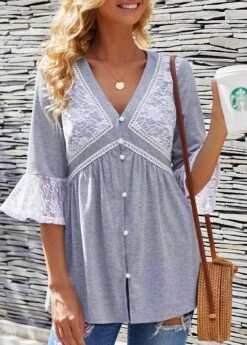 Lace Panel Button Up Flare Cuff T Shirt -UrbanLayer Store 245348 P 15924644387973