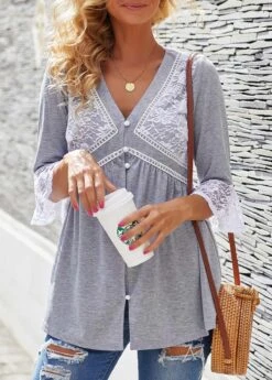 Lace Panel Button Up Flare Cuff T Shirt