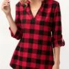 Plaid Print Split Neck Roll Tab Sleeve Blouse -UrbanLayer Store 248077 P 15956738835080