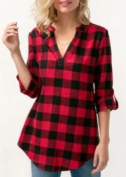 Plaid Print Split Neck Roll Tab Sleeve Blouse