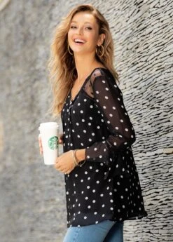 Polka Dot Crinkle Chest Hanky Cuff Blouse -UrbanLayer Store 263695 P 16151824190412