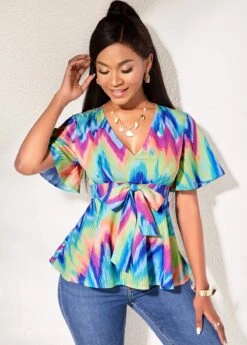V Neck Bowknot Short Sleeve Blouse