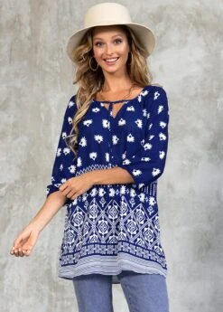 Tribal Print Tie Front 3/4 Sleeve Blouse