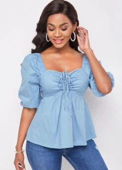 Drawstring Detail Half Sleeve Solid Blouse -UrbanLayer Store 265084 P 16161305551763