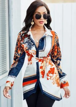 Turndown Collar Long Sleeve Belted Blouse