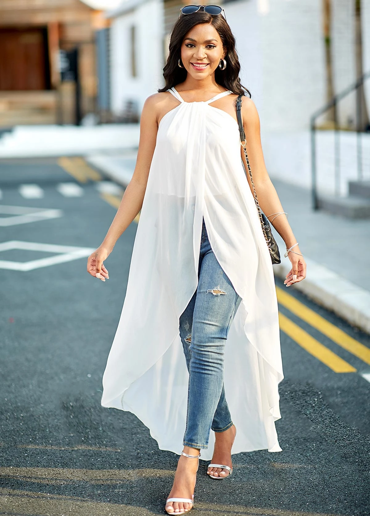 Chiffon Asymmetric Hem White Cross Strap Camisole Top 7 Chiffon Asymmetric Hem White Cross Strap Camisole Top - Image 5