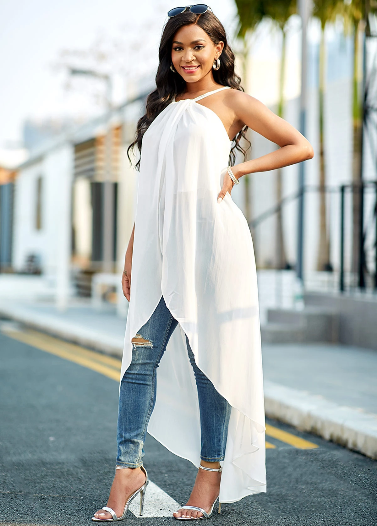 Chiffon Asymmetric Hem White Cross Strap Camisole Top 5 Chiffon Asymmetric Hem White Cross Strap Camisole Top - Image 3