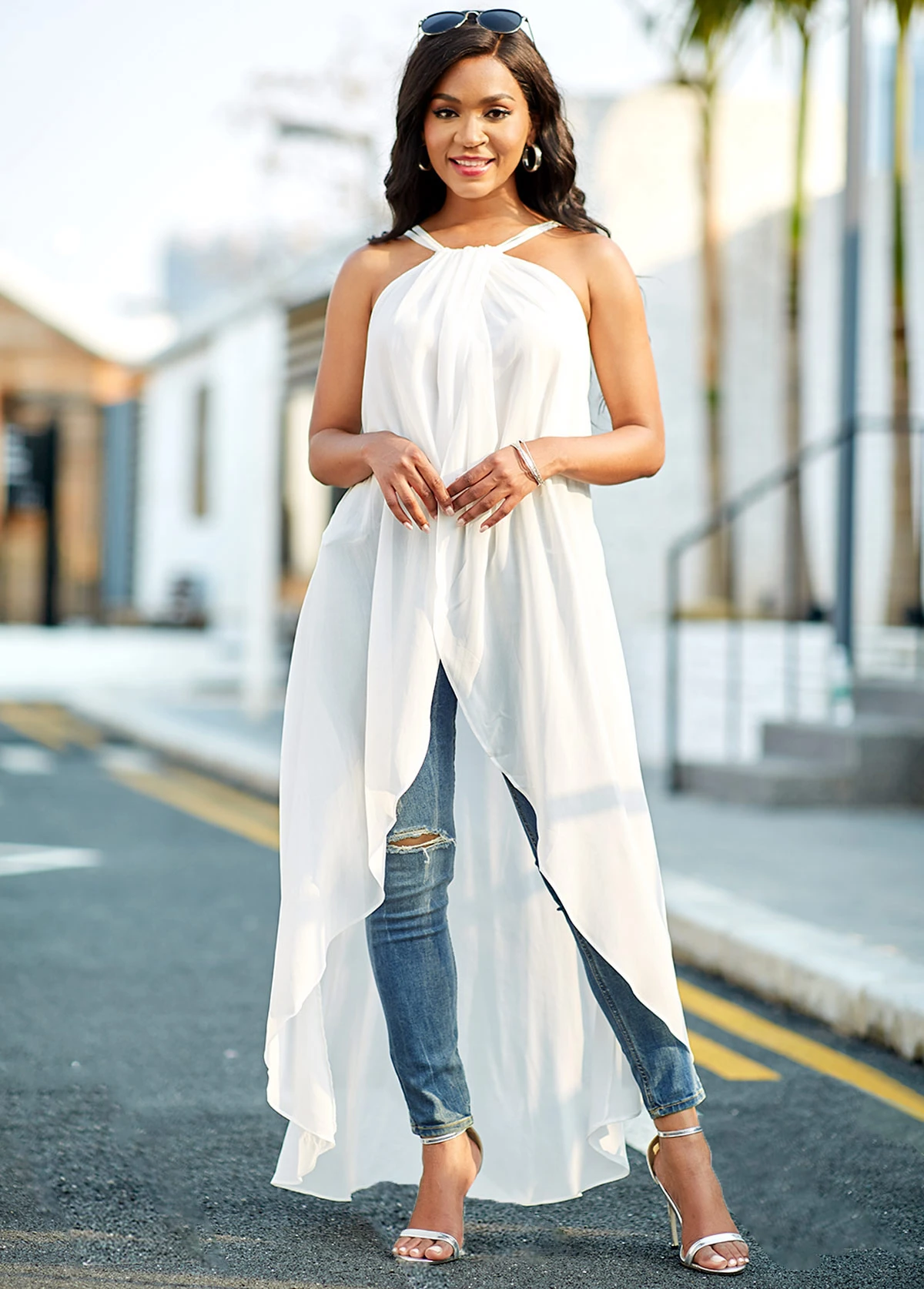 Chiffon Asymmetric Hem White Cross Strap Camisole Top 8 Chiffon Asymmetric Hem White Cross Strap Camisole Top - Image 6