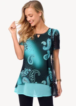 Layered Short Sleeve Paisley Print Blouse