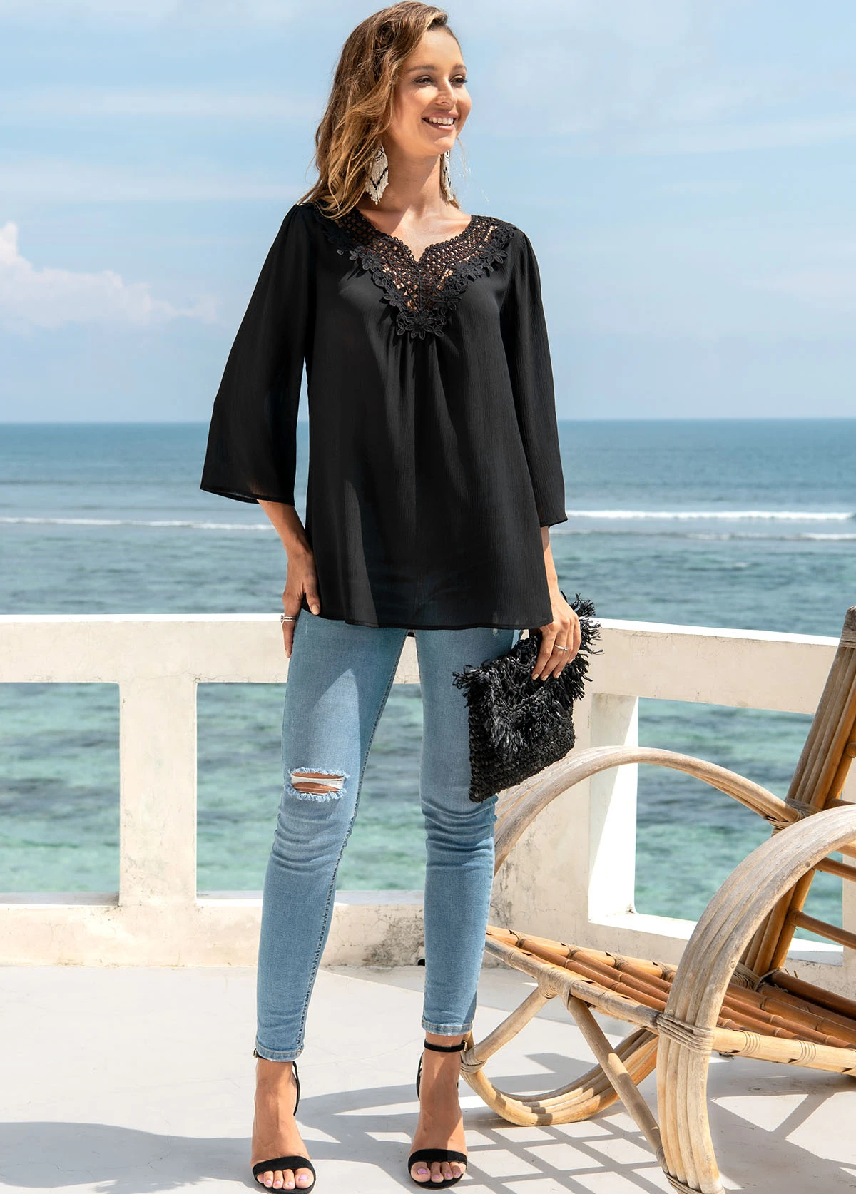 Lace Stitching 3/4 Sleeve Split Neck Blouse 7 Lace Stitching 3/4 Sleeve Split Neck Blouse - Image 5