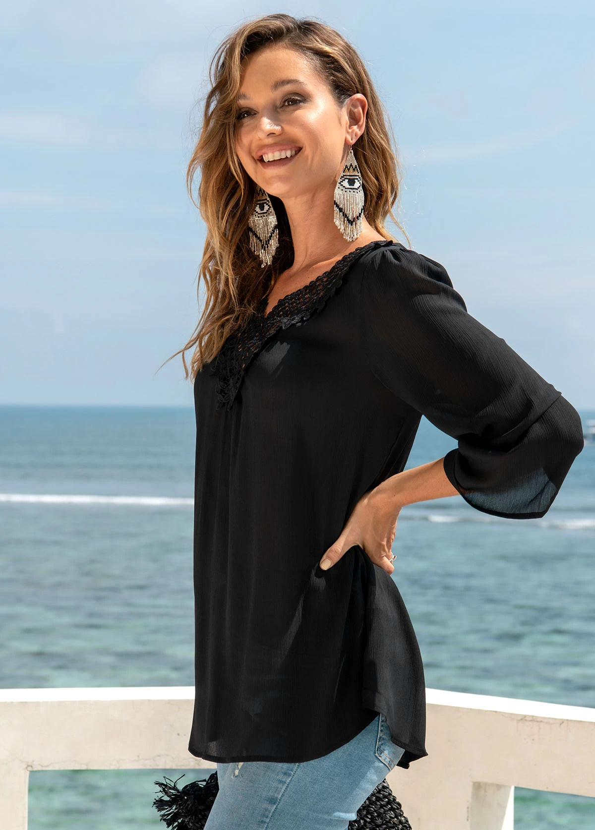 Lace Stitching 3/4 Sleeve Split Neck Blouse 5 Lace Stitching 3/4 Sleeve Split Neck Blouse - Image 3