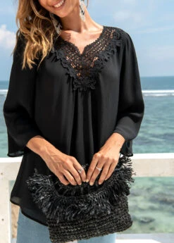 Lace Stitching 3/4 Sleeve Split Neck Blouse 10 Lace Stitching 3/4 Sleeve Split Neck Blouse -UrbanLayer Store 272613 P 16252829954153