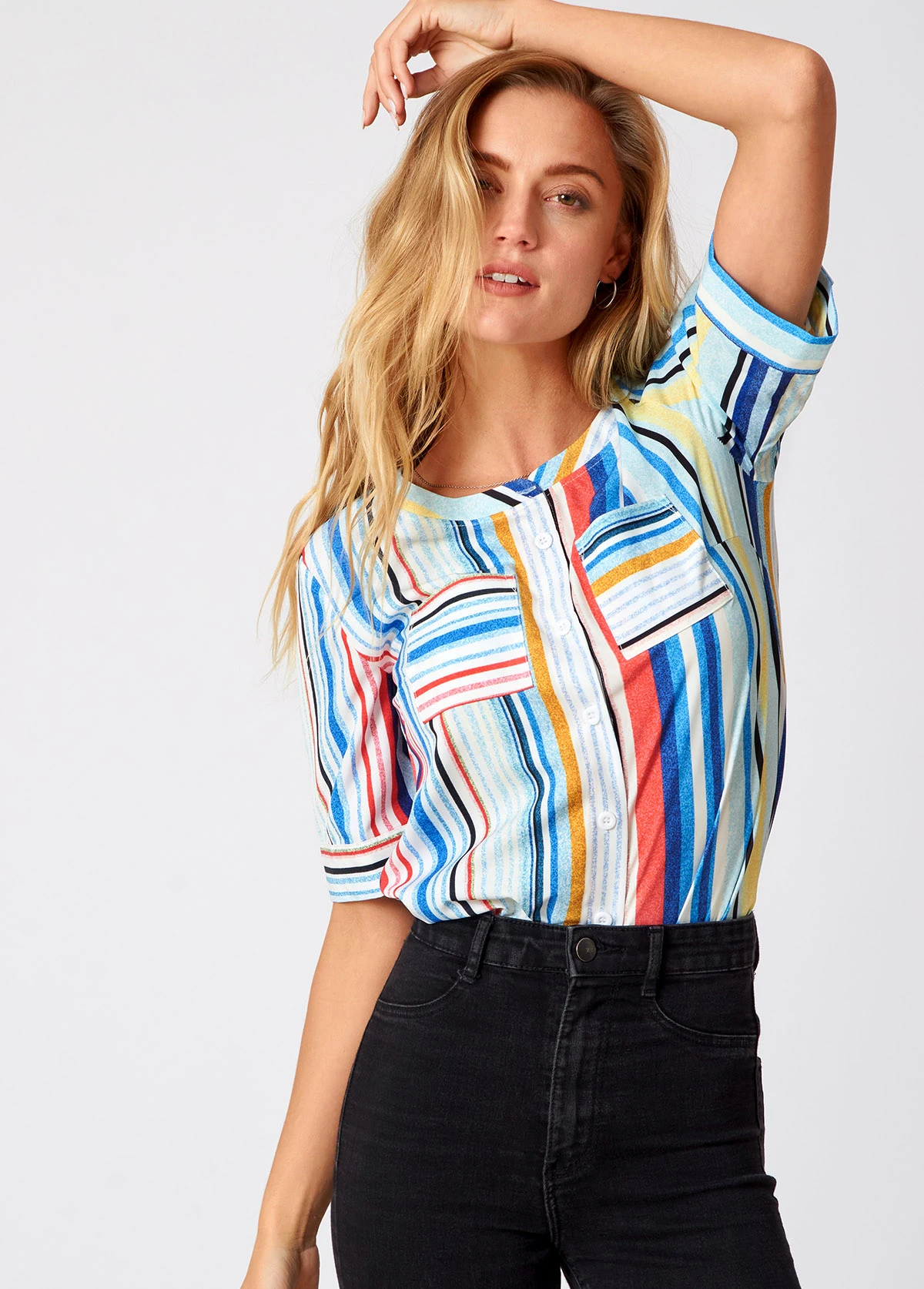 Rainbow Stripe Double Pocket Round Neck Blouse 7 Rainbow Stripe Double Pocket Round Neck Blouse - Image 5