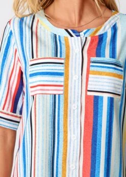 Rainbow Stripe Double Pocket Round Neck Blouse 9 Rainbow Stripe Double Pocket Round Neck Blouse -UrbanLayer Store 273614 P 16246141413632
