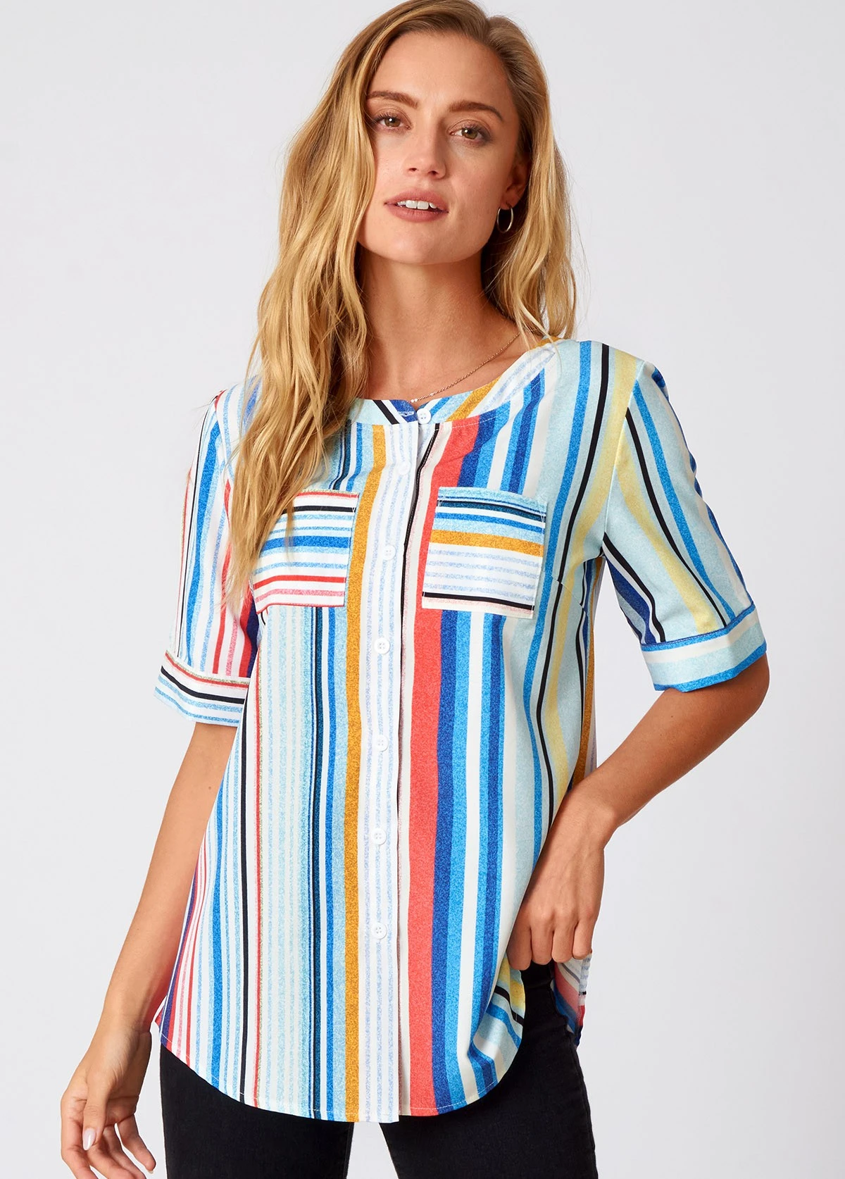 Rainbow Stripe Double Pocket Round Neck Blouse 3 Rainbow Stripe Double Pocket Round Neck Blouse
