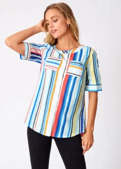 Rainbow Stripe Double Pocket Round Neck Blouse 10 Rainbow Stripe Double Pocket Round Neck Blouse -UrbanLayer Store 273614 P 16246141414373
