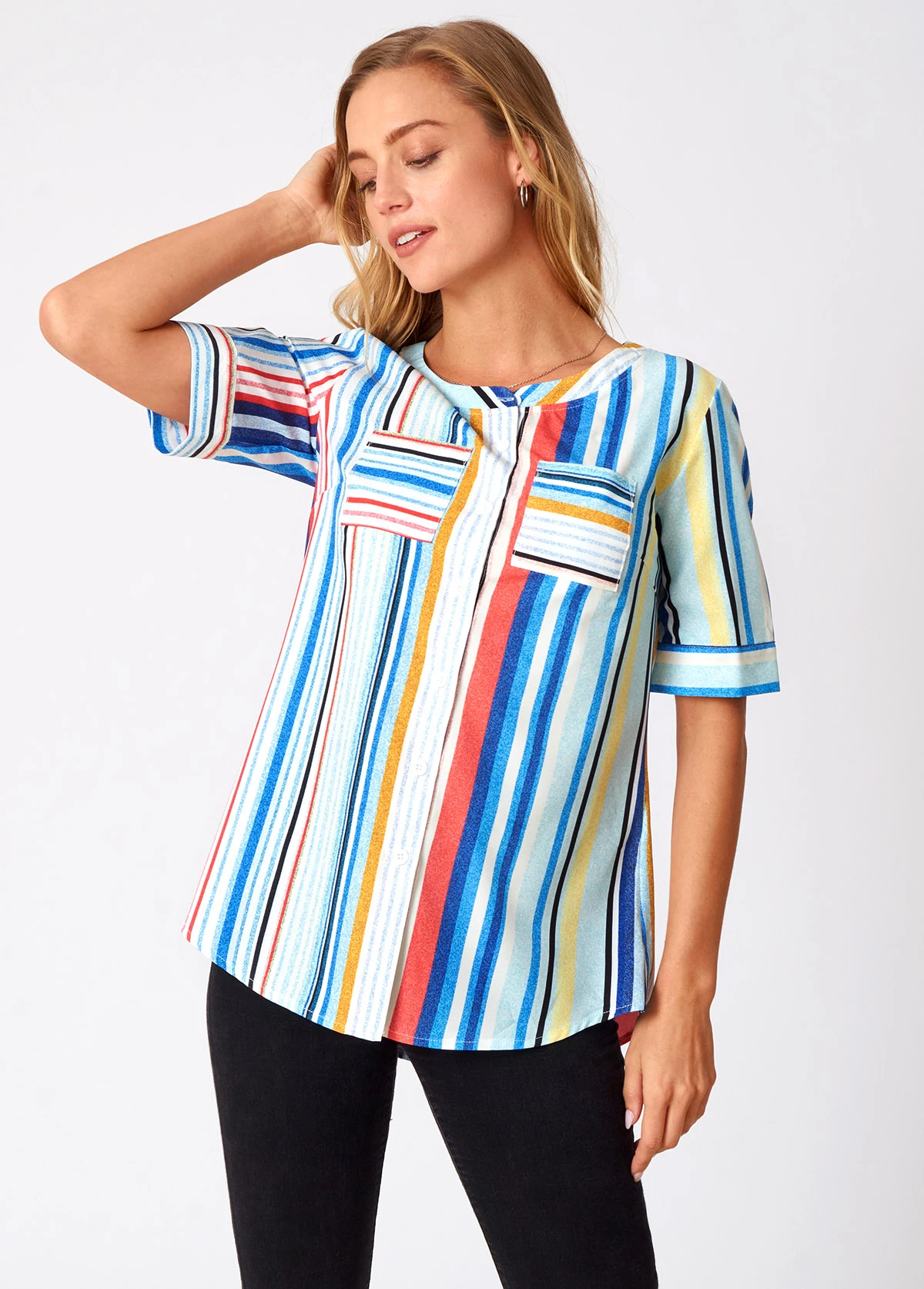 Rainbow Stripe Double Pocket Round Neck Blouse 6 Rainbow Stripe Double Pocket Round Neck Blouse - Image 4