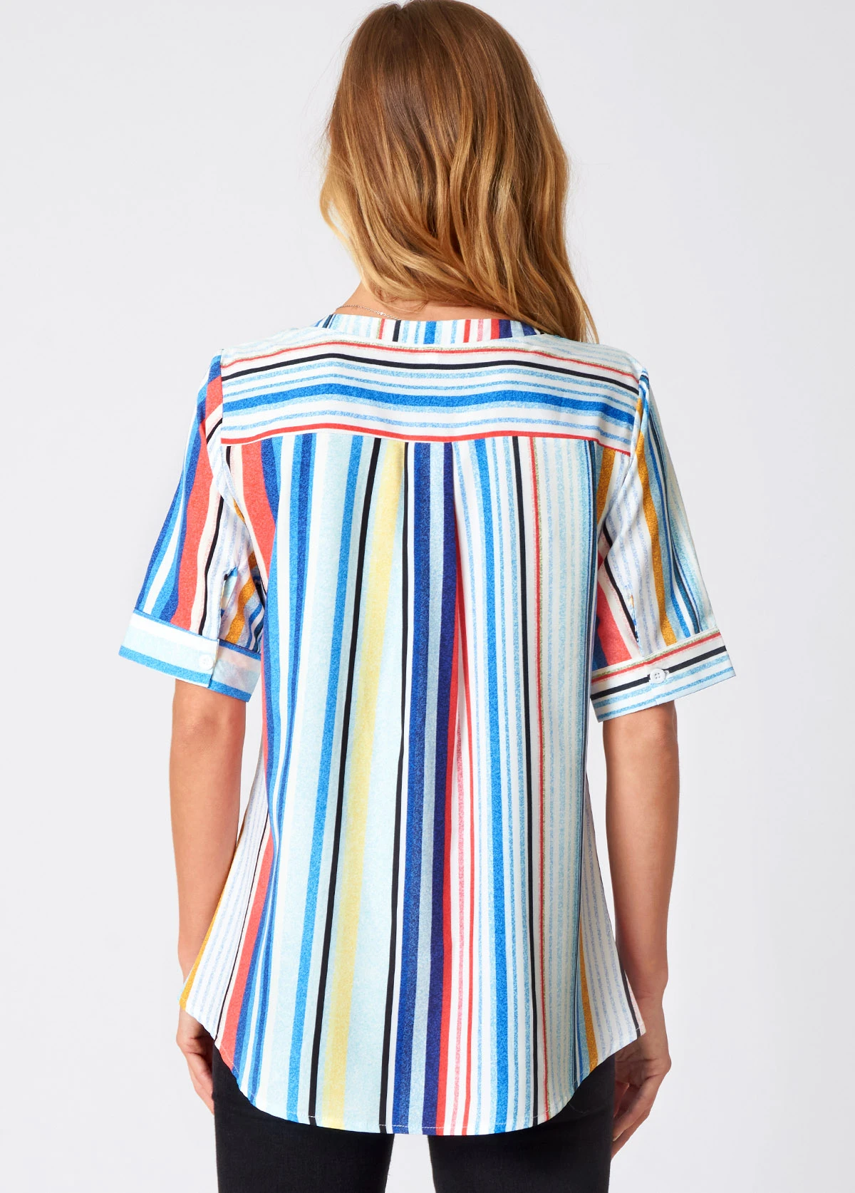 Rainbow Stripe Double Pocket Round Neck Blouse 4 Rainbow Stripe Double Pocket Round Neck Blouse - Image 2