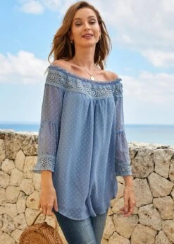 Lace Stitching Stringy Selvedge Off Shoulder Blouse