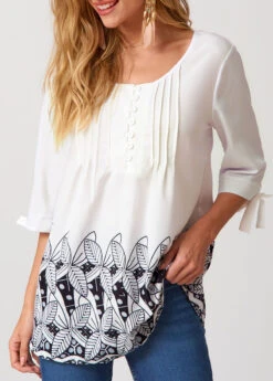Decorative Button Round Neck Blouse