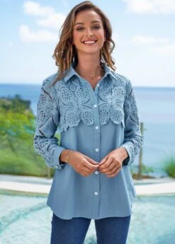 Faux Denim Lace Stitching Turndown Collar Blouse