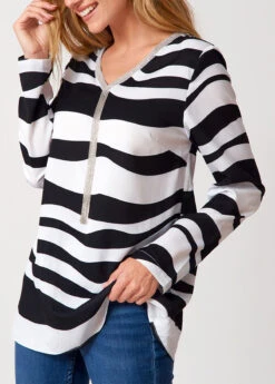 Striped Tassel V Neck Long Sleeve Blouse -UrbanLayer Store 275977 P 16285948652352