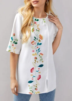 Floral Print Decorative Button Round Neck Blouse