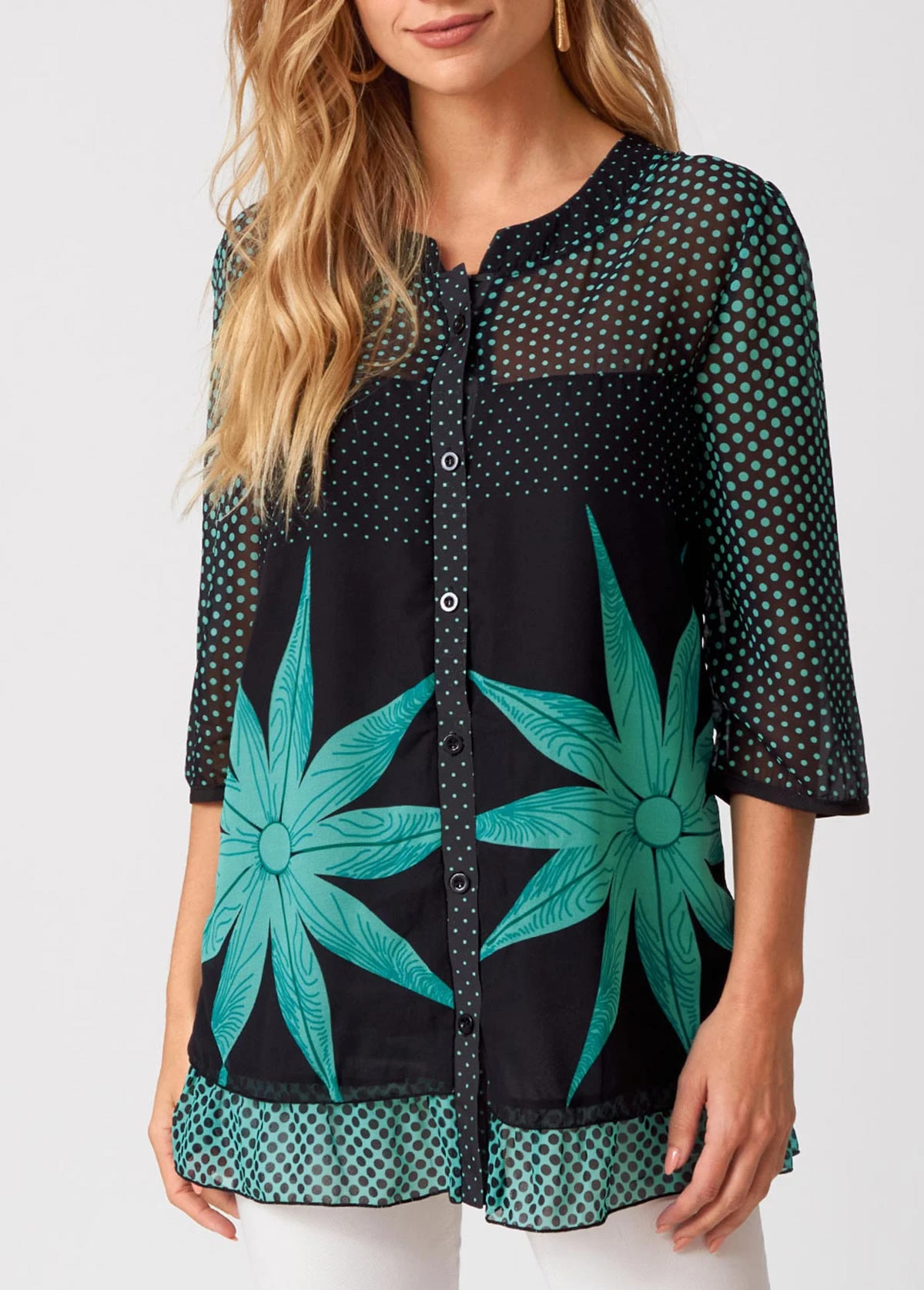 Polka Dot Button Up 3/4 Sleeve Blouse 3 Polka Dot Button Up 3/4 Sleeve Blouse