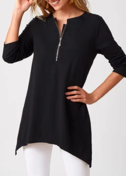 Black Asymmetric Hem Zipper Long Sleeve T Shirt -UrbanLayer Store 276933 P 16286591295743