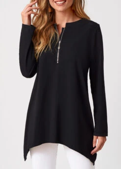 Black Asymmetric Hem Zipper Long Sleeve T Shirt