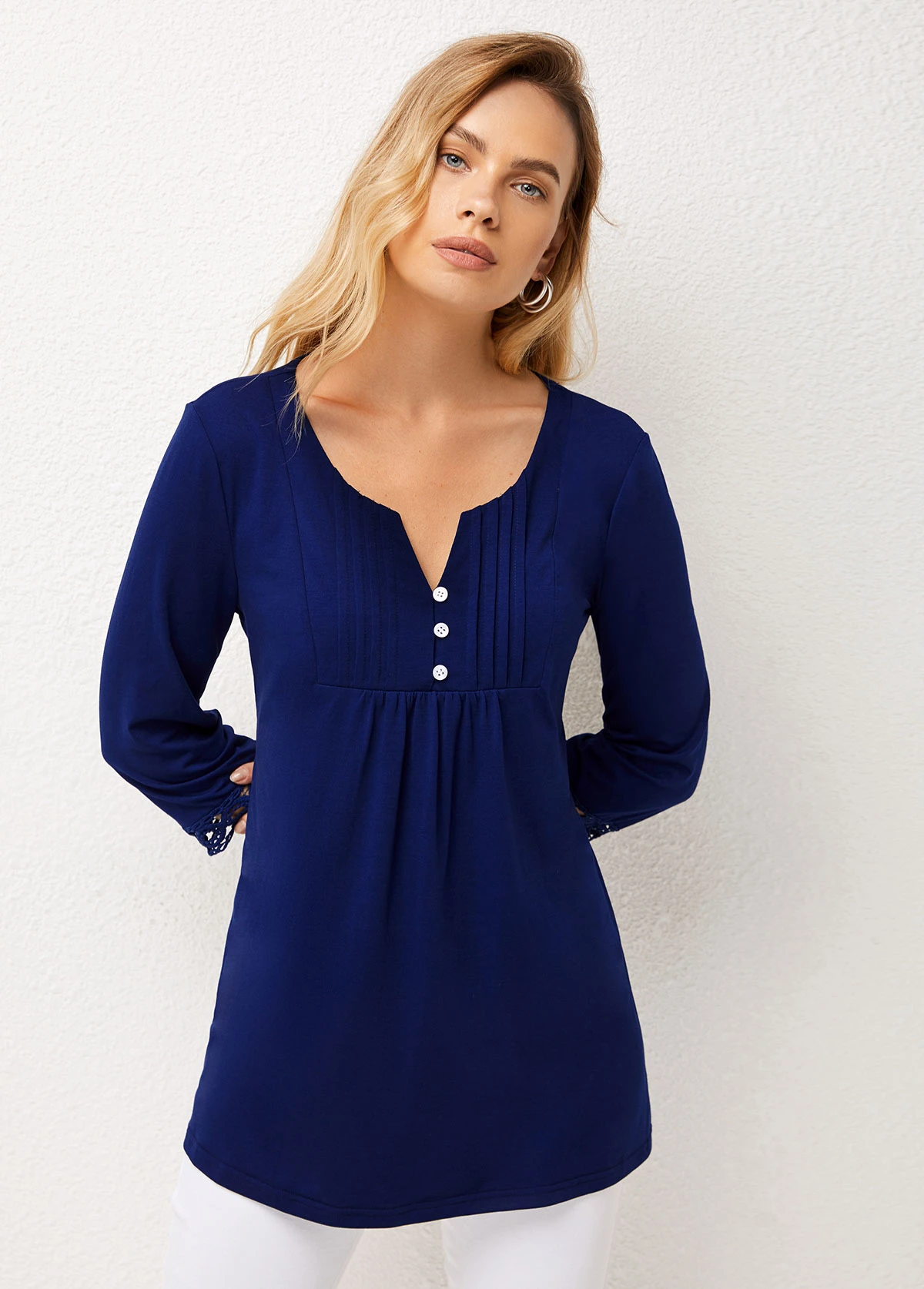 Lace Patchwork Crinkle Chest Navy Split Neck Blouse 5 Lace Patchwork Crinkle Chest Navy Split Neck Blouse - Image 3