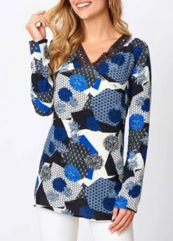 Lace Panel V Neck Floral Print Blouse -UrbanLayer Store 277465 P 16288236107124