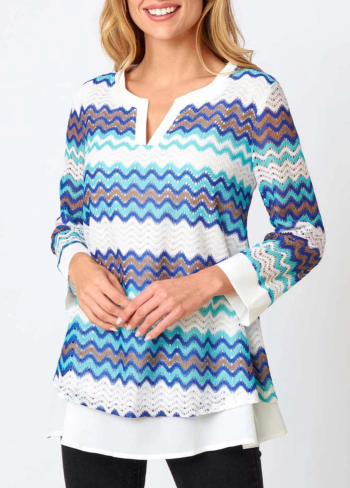 Chevron Print Split Neck Layered Hem Blouse 6 Chevron Print Split Neck Layered Hem Blouse - Image 4