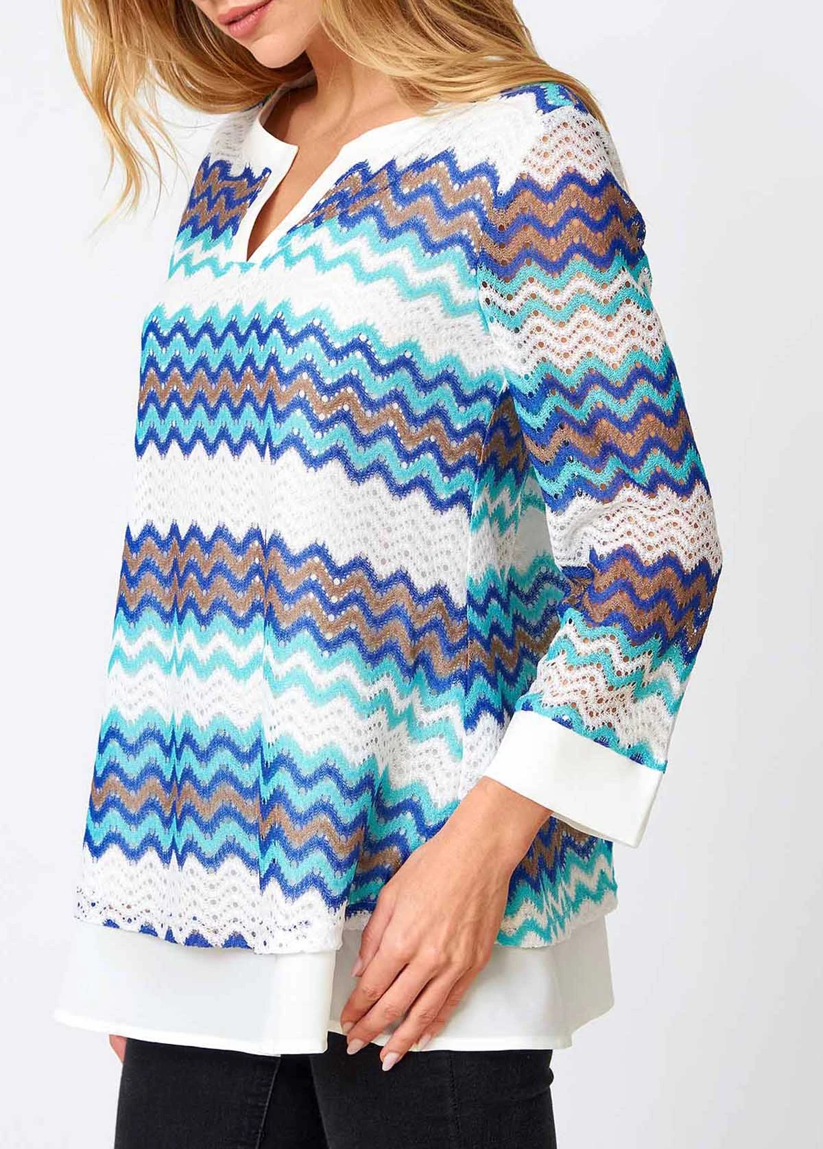 Chevron Print Split Neck Layered Hem Blouse 5 Chevron Print Split Neck Layered Hem Blouse - Image 3