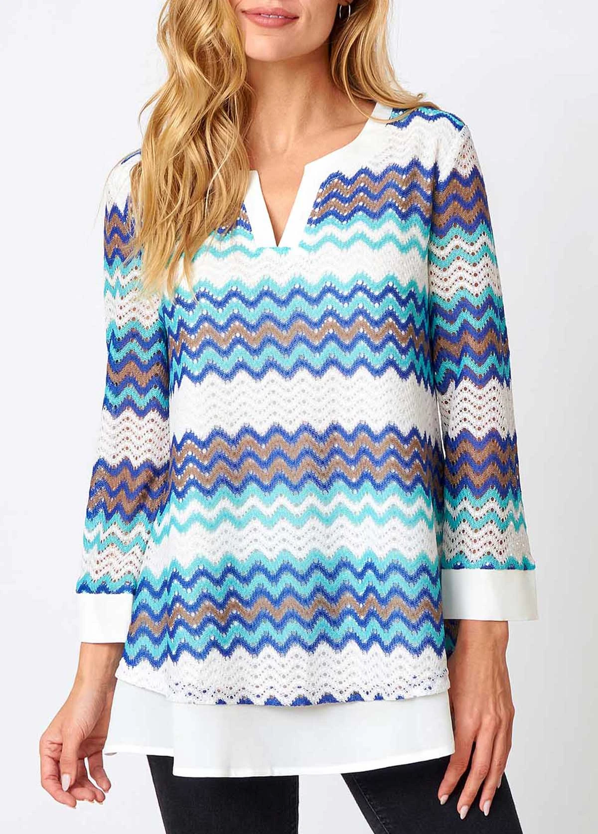 Chevron Print Split Neck Layered Hem Blouse 3 Chevron Print Split Neck Layered Hem Blouse
