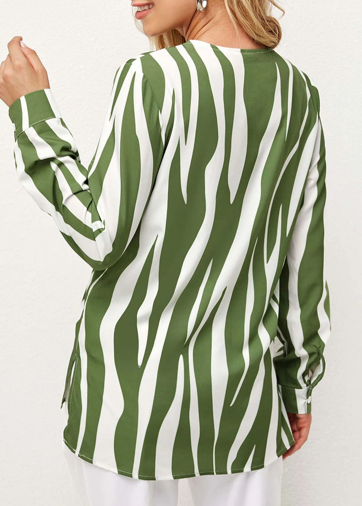 V Neck Striped Decorative Button Blouse 4 V Neck Striped Decorative Button Blouse - Image 2