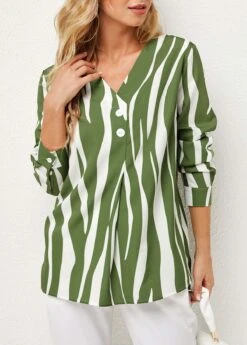 V Neck Striped Decorative Button Blouse