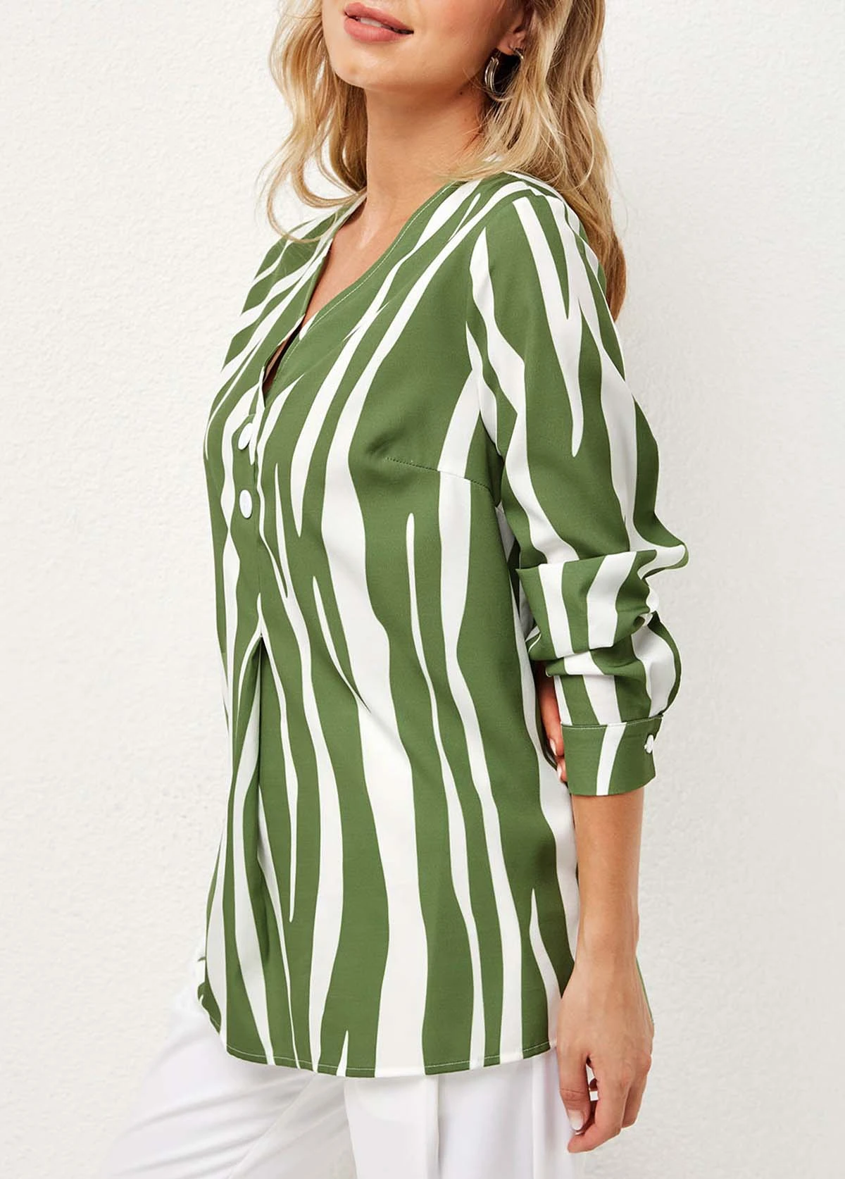V Neck Striped Decorative Button Blouse 5 V Neck Striped Decorative Button Blouse - Image 3