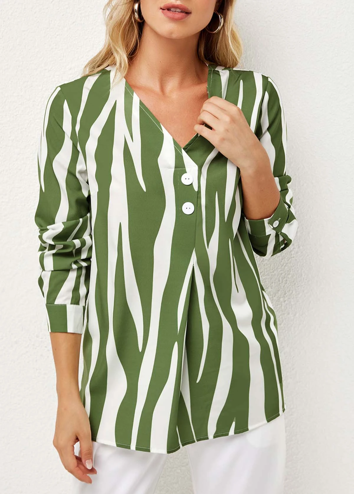 V Neck Striped Decorative Button Blouse 7 V Neck Striped Decorative Button Blouse - Image 5