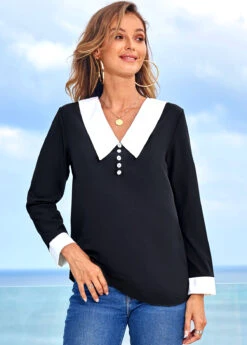 Contrast Decorative Button Long Sleeve Blouse