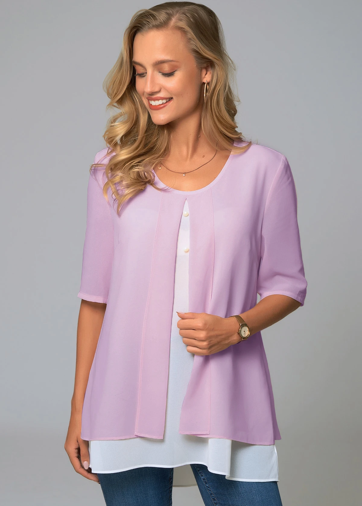 Faux Two Piece Round Neck Decorative Button Blouse 3 Faux Two Piece Round Neck Decorative Button Blouse